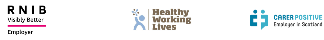 Logos for RNIB, Healthy Working Lives, and Carer Positive Employer in Scotland